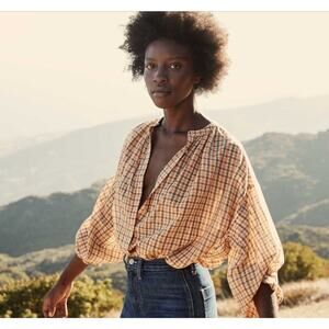 DOEN The Jane Blouse Orange Meringue Plaid Print S